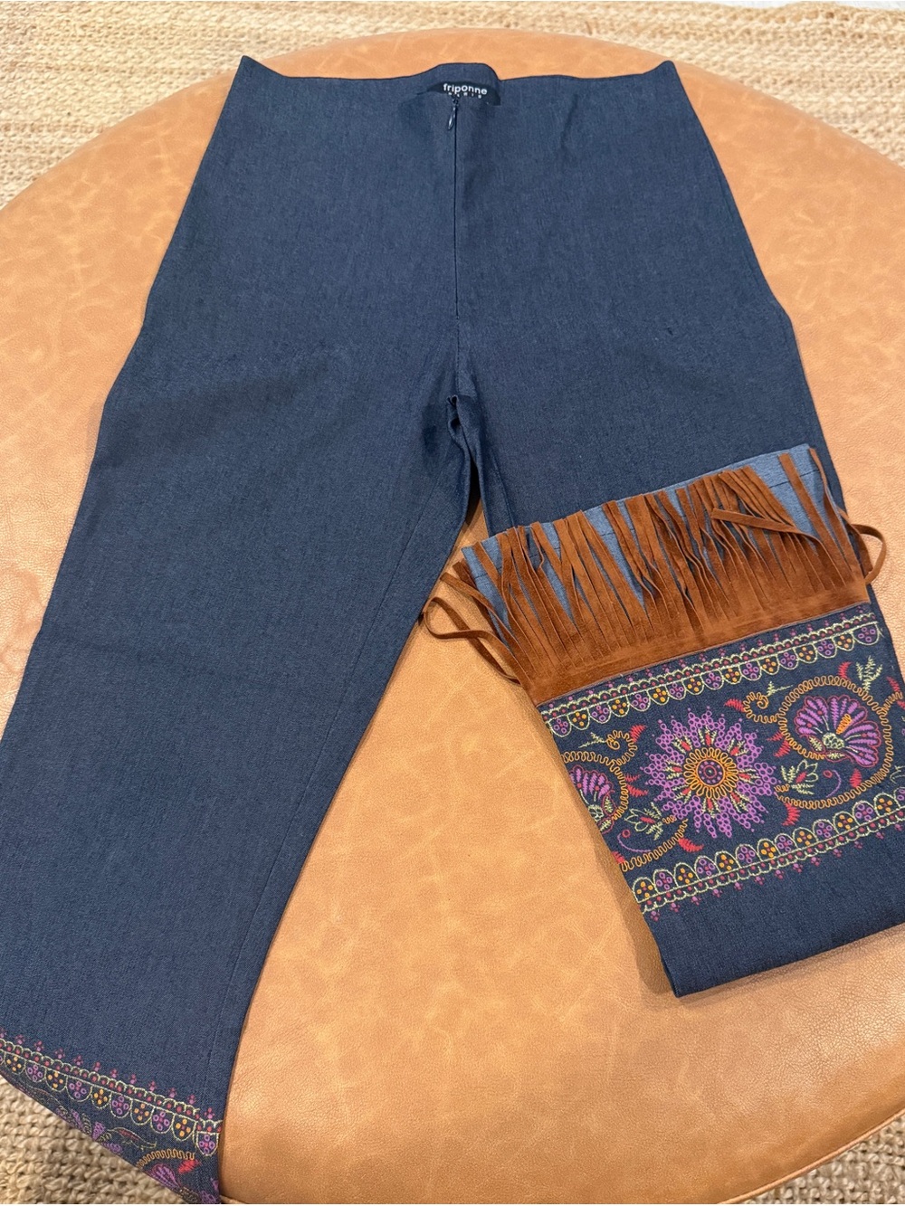 Frippone Embroidered Fringe Denim Pants - Navy with Brown Fringe